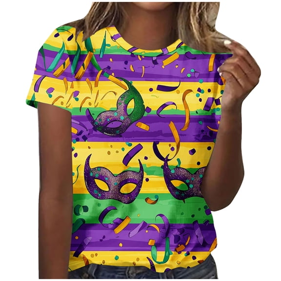 successthop Mardi Gras T Shirt Go Women Stripe Casual Oversized Crewneck Outfits Short Sleeve Shirt Plus Size Top XL
