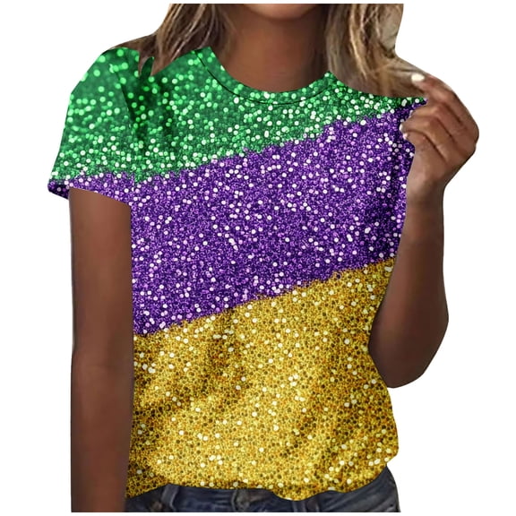 successthop Mardi Gras T Shirts for Women Stripe Casual Oversized Crewneck Shirt Short Sleeve Outfits Plus Size Top XL