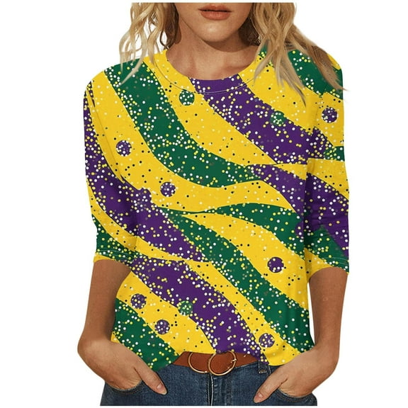 successthop Mardi Gras Womens Blouse 3/4 Sleeve Tops Lightweight Crewneck Pullover Tee Shirts Print Stylish Clothes