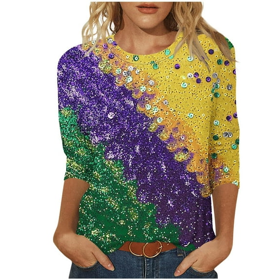 successthop Mardi Gras Womens Blouse 3/4 Sleeve Tops Lightweight Crewneck Pullover Tee Shirts Print Stylish Clothes