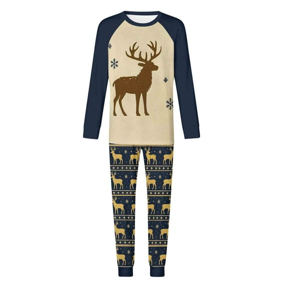successthop Matching Couple Christmas Pajamas 2 Set Deer Long Sleeve Crewneck Tops and Pant Sleepwear with Pockets Blue