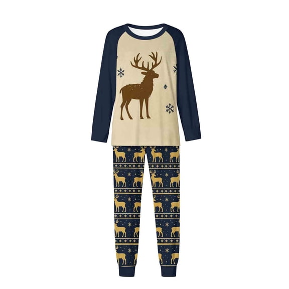 successthop Matching Couple Christmas Pajamas 2 Set Deer Long Sleeve Crewneck Tops and Pant Sleepwear with Pockets Blue