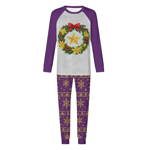 successthop Matching Couple Christmas Pajamas 2 Set Garland Long Sleeve Crewneck Tops and Pants Sets with Pockets Purple