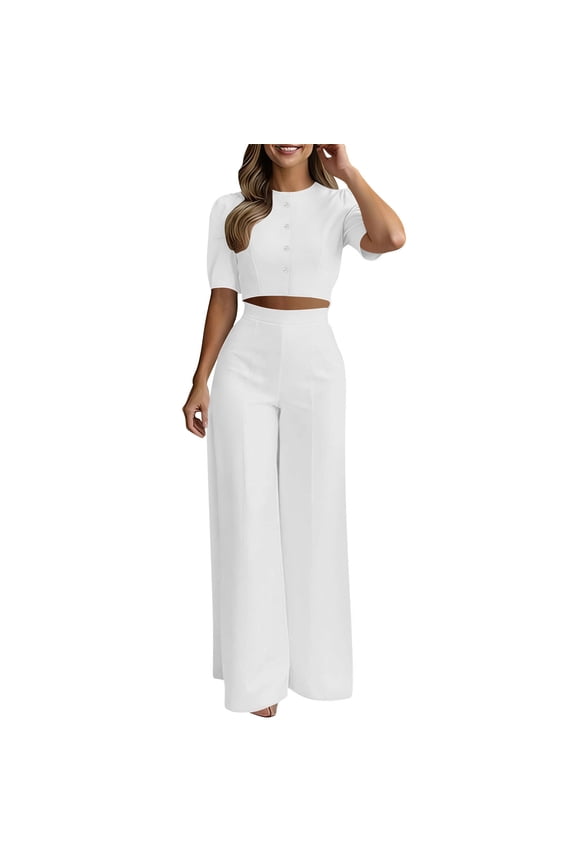 Matching Women Work Outfits Two Piece Dressy Business Clothes Cropped Button Up Top Summer Seamed Pantsuit