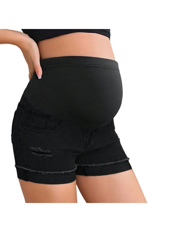 Maternity Shorts Jeans High Waist Butt Lifting Streetwear Loose Jorts Ripped Summer Workout Clothes Black L