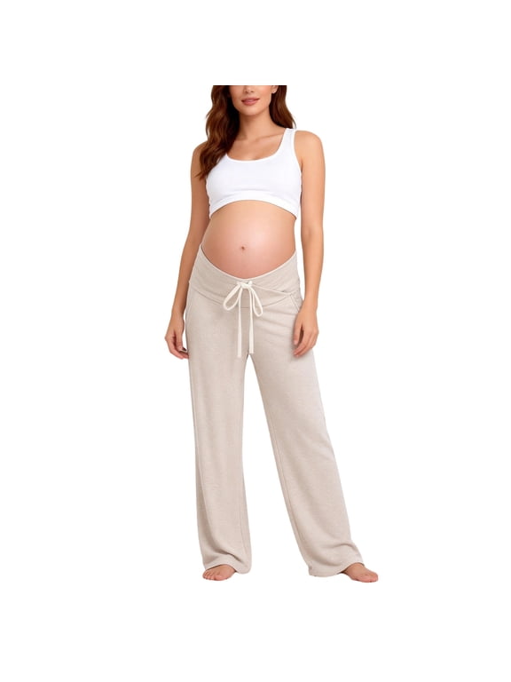 Maternity Sweatpants with Pockets Over the Belly Pant Drawstring Wide Leg Trousers Cross Waist Fall Clothes