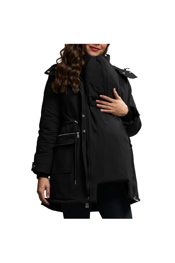 Maternity Winter Coat 3 in 1 Down Jacket Thick Hooded Outwear with Pockets Zip Long Sleeve Coat Warm Clothes Black