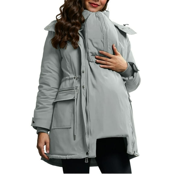 successthop Maternity Winter Coat 3 in 1 Down Jacket Thick Hooded Outwear with Pockets Zip Long Sleeve Coat Warm Clothes Gray