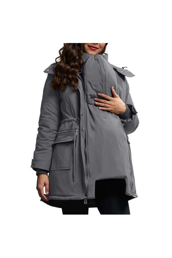 Maternity Winter Coat 3 in 1 Down Jacket Thick Hooded Outwear with Pockets Zip Long Sleeve Coat Warm Clothes Gray