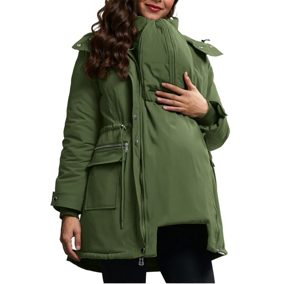 successthop Maternity Winter Coat 3 in 1 Down Jacket Thick Hooded Outwear with Pockets Zip Long Sleeve Coat Warm Clothes Green