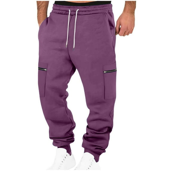 successthop Men Comfy Cargo Pants with Pockets Zipper Elastic Drawstring Trousers Solid Heavyweight Streetwear Purple