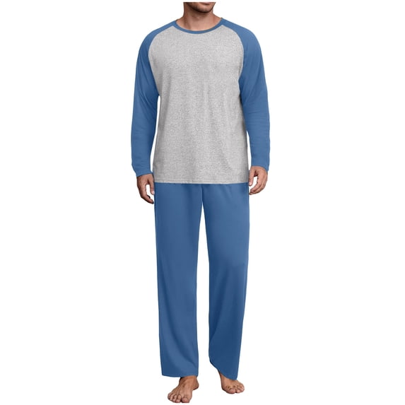 successthop Men Pajamas Sets Adults Plus Size Slash Shoulder Long Sleeve Crewneck Top and Color Block Bottom Homewear M