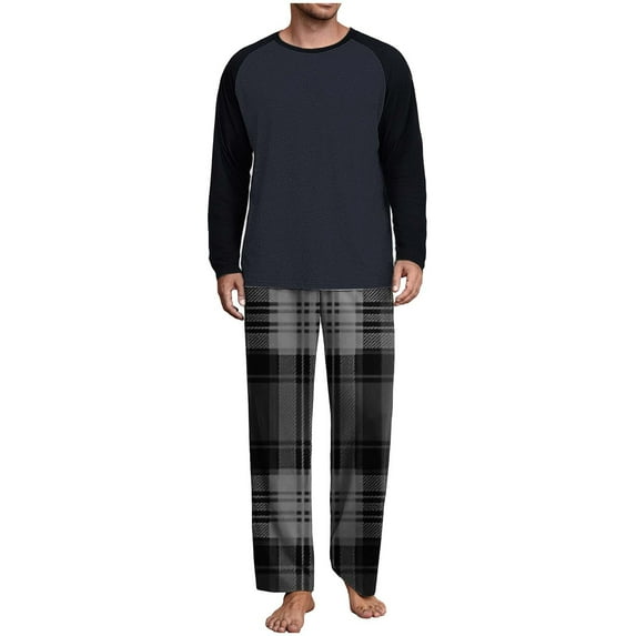 successthop Men Pajamas Sets Adults Plus Size Slash Shoulder Long Sleeve Crewneck Tops and Plaid Bottom Sleepwear Gray L