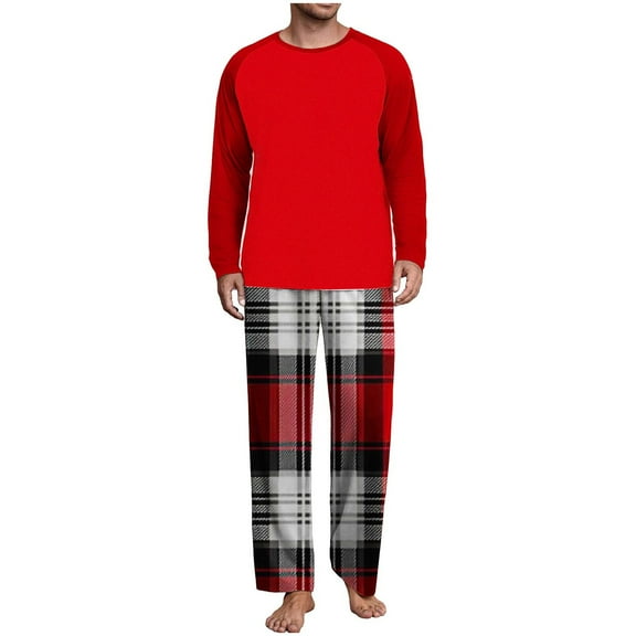 successthop Men Pajamas Sets Adults Plus Size Slash Shoulder Long Sleeve Crewneck Tops and Plaid Bottom Sleepwear Red