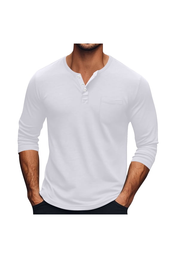 Men Shirts Long Sleeve Crew Neck Button Collar Solid Color Tops