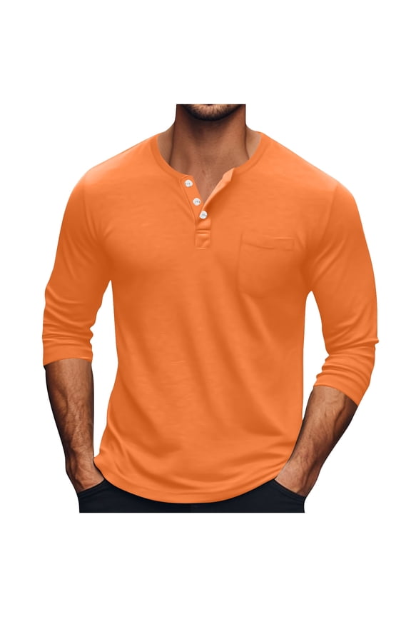 Men Shirts Long Sleeve Crew Neck Button Collar Solid Color Tops
