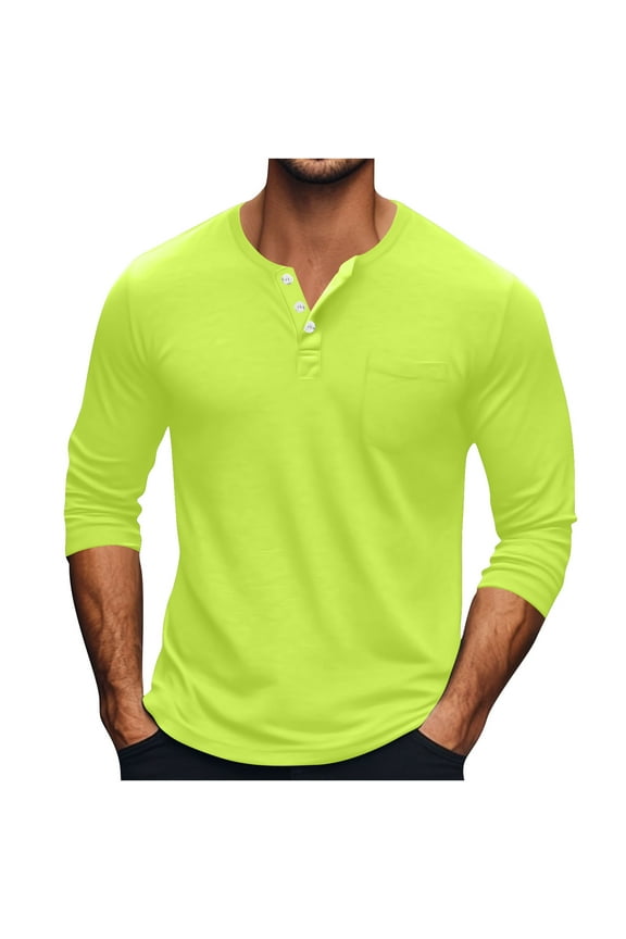 Men Shirts Long Sleeve Crew Neck Button Collar Solid Color Tops