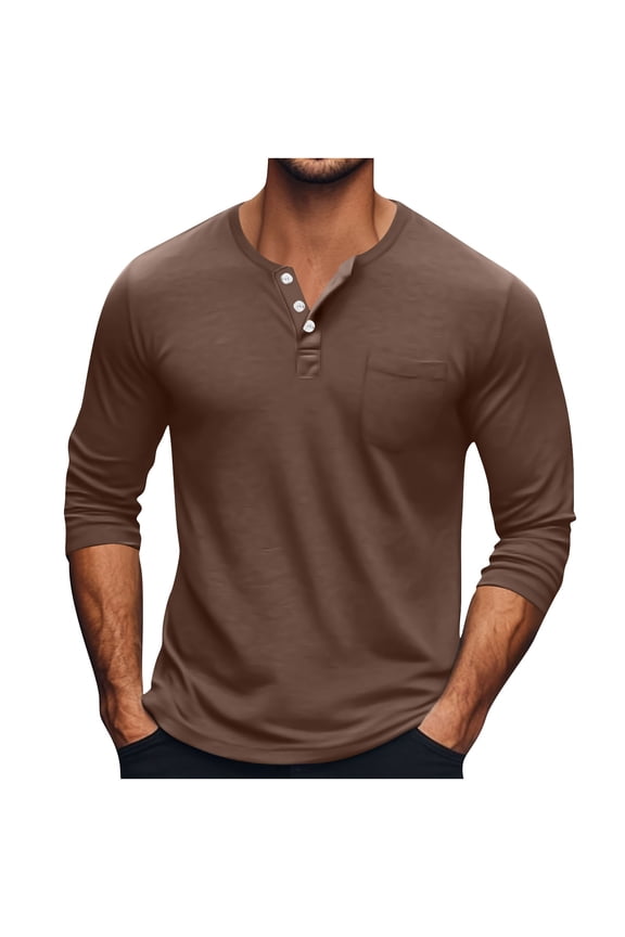Men Shirts Long Sleeve Crew Neck Button Collar Solid Color Tops