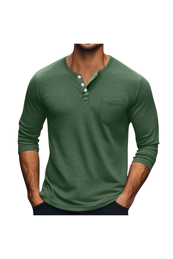 Men Shirts Long Sleeve Crew Neck Button Collar Solid Color Tops