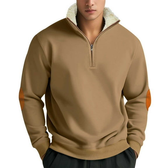 successthop Men Sweatshirts Pullover Fleece Quarter Zip Long Sleeve Top Vintage Streetwear Color Block Clothes Brown