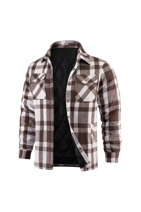 Mens Button Down jacket Quilted Plus Size Lapel Outwear with Pockets Long Sleeve Coat Winter Clothes Brown