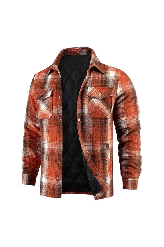 Mens Button Down jacket Quilted Plus Size Lapel Outwear with Pockets Long Sleeve Coat Winter Clothes Orange