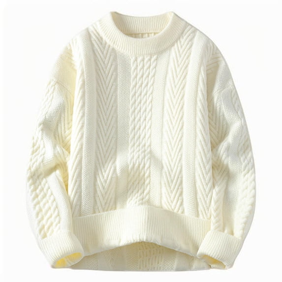 successthop Mens Cable Knit Sweater Plus Size Long Sleeve Chunky Crewneck Knitwear Jacquard Solid Keep Warm Top Beige L