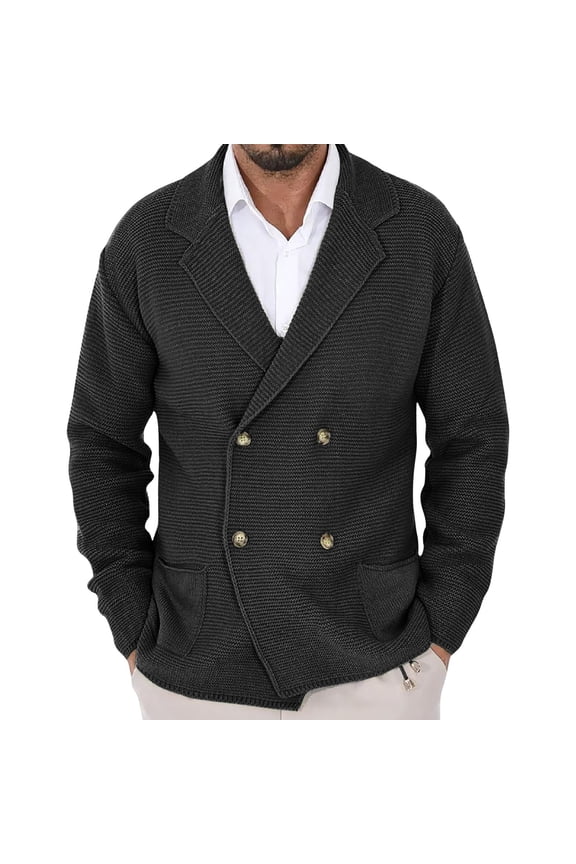 Mens Cardigan Sweaters with Pockets Long Sleeve Lapel Sweater Coat Double Breasted Knitwear Winter Outwear
