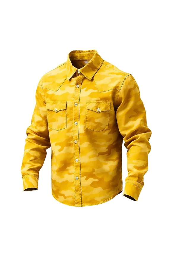 Mens Casual Button Down Shirts Long Sleeve Big and Tall Shirt Collar Tops Camouflage Summer Clothes Yellow