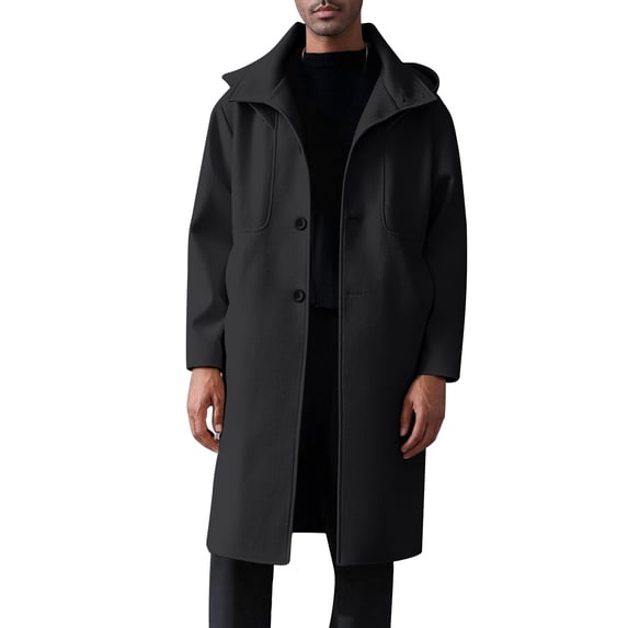 successthop Mens Casual Trench Coat Notched Lapel with Pockets Single Breasted Clothes Solid Trendy Outwear Black 2XL