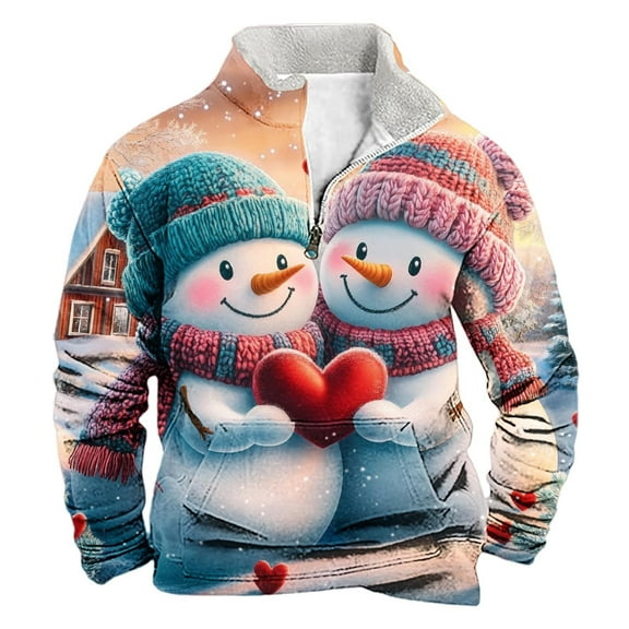 successthop Mens Christmas Sweatshirt Snowman Quarter Zip Long Sleeve Sweaters Pullover Top with Pocket Streetwear 3XL