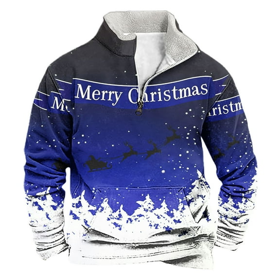 successthop Mens Christmas Sweatshirts Snow Quarter Zip Long Sleeve Top Pullover Sweater with Pocket Streetwear Blue