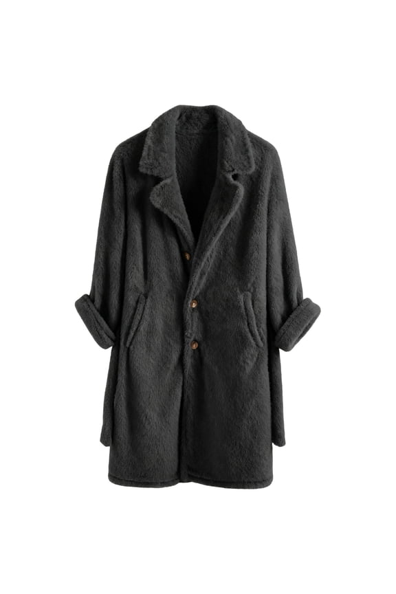 Mens Fleece Trench Coat Plus Size Notched Lapel with Pockets Single Breasted Loose Casual Belted Winter Coat