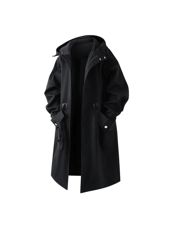 Mens Hooded Trench Coat Windbreaker with Pockets Zipper Outwear Belted Long Sleeve Solid Trendy Jacket Black