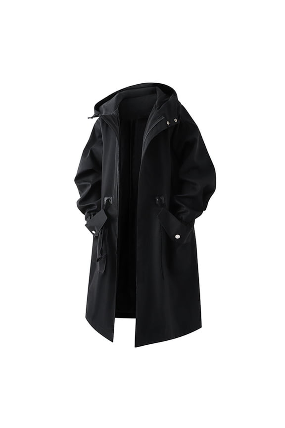 Mens Hooded Trench Coat Windbreaker with Pockets Zipper Outwear Belted Long Sleeve Solid Trendy Jacket Black
