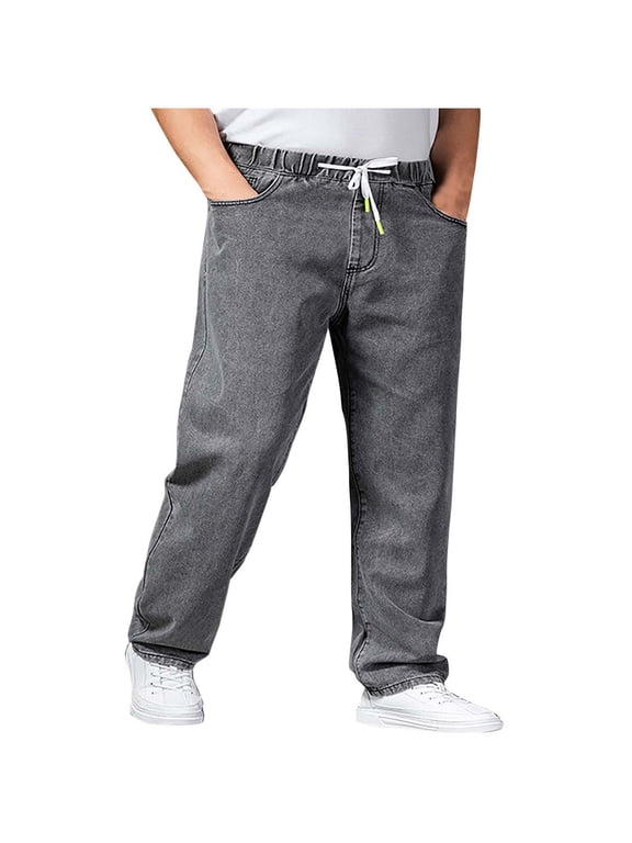 Mens Jeans Stretch Straight Loose Streetwear Drawstring Button Pant Zip Up Plus Size Summer Office Trousers
