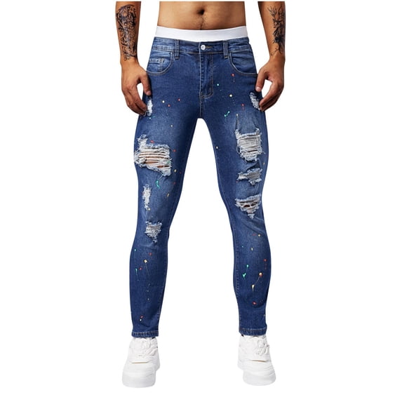 successthop Mens Jeans Stretch Summer Streetwear Button Tapered Denim Pant Sequin Ripped Zip Up Trousers with Pockets 31