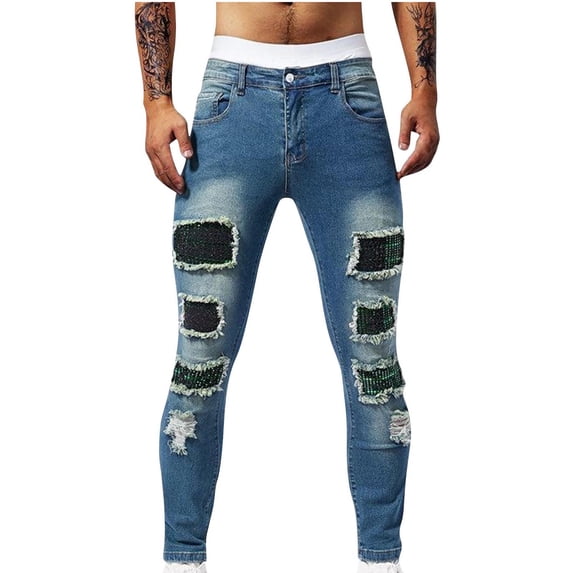successthop Mens Jeans Stretch Summer Streetwear Button Tapered Denim Pant Sequin Ripped Zip Up Trousers with Pockets 32