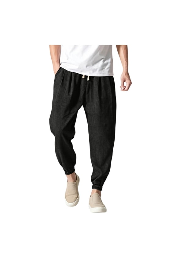 Mens Joggers with Pockets on Side Cotton Linen Cropped Pant Drawstring Big Mens Bottoms Casual Loungewear