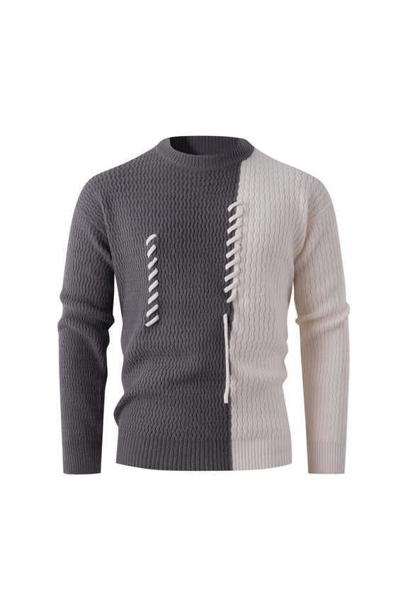Mens Knitted Sweaters Strecth Long Sleeve Chunky Crewneck Tops Ribbed Cuff Color Block Winter Clothes