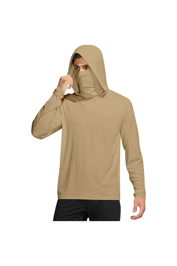 Mens Long Sleeve Sun Protection Shirts Fishing with Face Cover Hooded Solid Jacket for Outdoor Driving Traveling Hiking Fishing Brown L