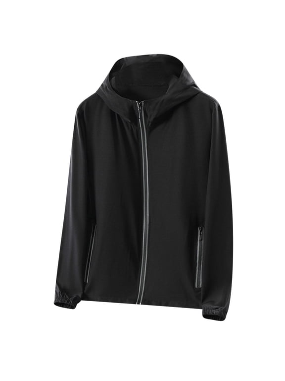 Mens Long Sleeve Sun Protection Shirts Hooded Solid Jacket for Outdoor Driving Traveling Hiking Fishing Black 2XL