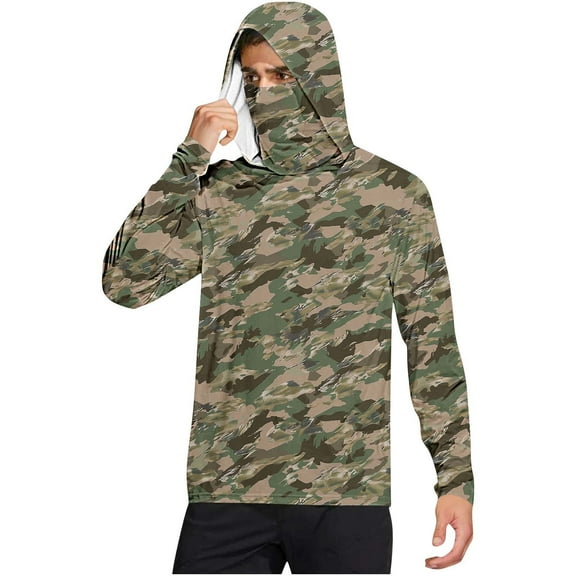successthop Mens Long Sleeve Sun Protection Shirts with Face Cover Hooded Camouflage Jacket for Outdoor Driving Traveling Hiking Fishing Green XL