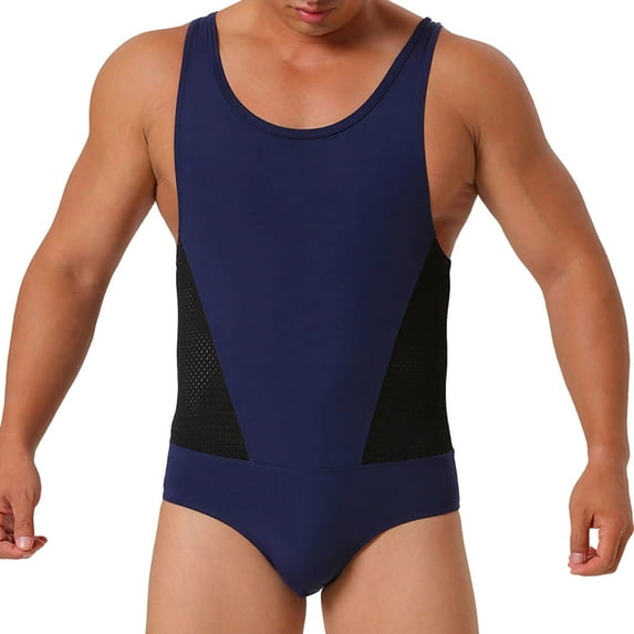 successthop Mens One Piece Swimsuit Mesh Nylon Beachwear Sleeveless Romper High Strecth Color Block Summer Jumpsuit Blue
