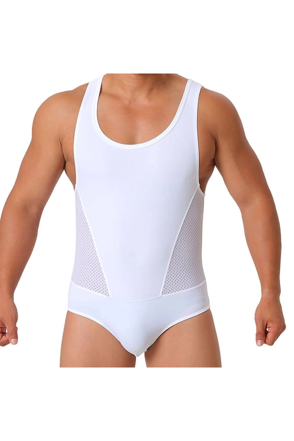 Mens One Piece Swimsuit Mesh Nylon Beachwear Sleeveless Romper High Strecth Color Block Summer Jumpsuit L