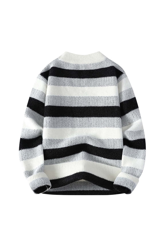 Mens Oversized Plus Size Sweater Fleece Ribbed Strecth Long Sleeve Knitwear Chunky Crewneck Stripe Tops