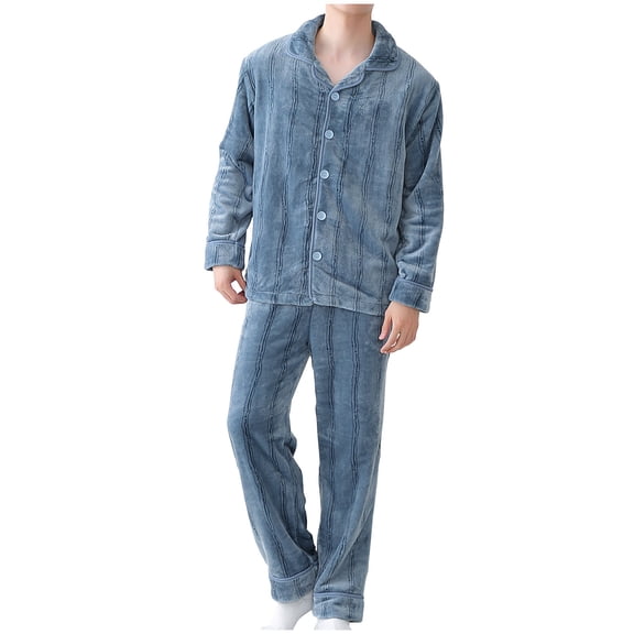 successthop Mens Pajamas Flannel Fleece Thick Long Sleeve Tops with Pants Stripe Button Winter Outwear