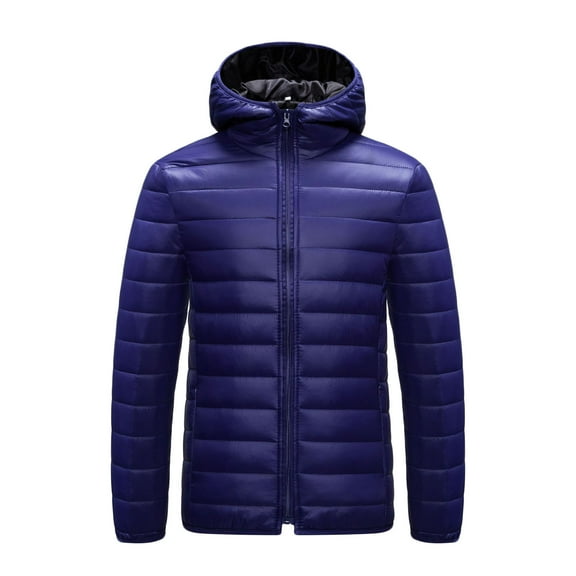 successthop Mens Puffer Jacket with Hood Quilted Coat with Pockets Zip Up Long Sleeve Outwear Solid Winter Clothes Blue