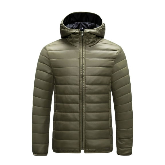successthop Mens Puffer Jacket with Hood Quilted Coat with Pockets Zip Up Long Sleeve Outwear Solid Winter Clothes Green