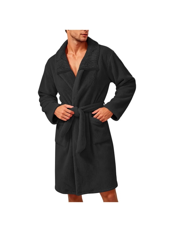Mens Robes Plush Fleece Long Sleeves Homewear Belted Sleepwear with Pockets Big and Tall Fall Loungewear L